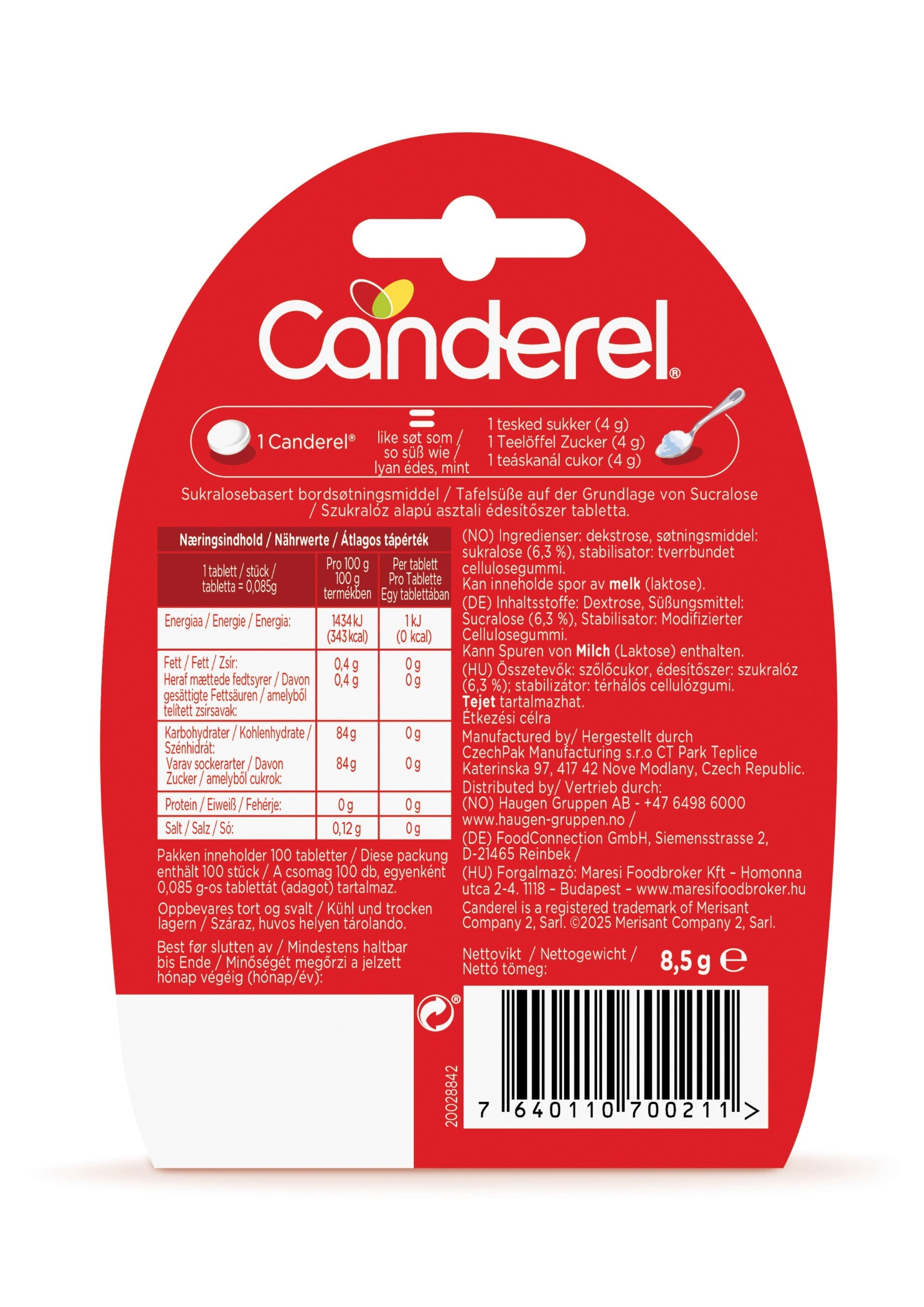 Canderel Spender 100 Tabs Rückseite