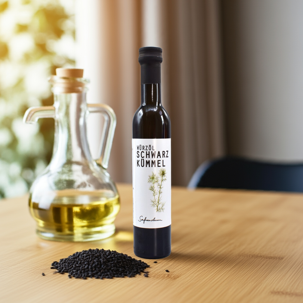 Würzöl Schwarzkümmel Stillife