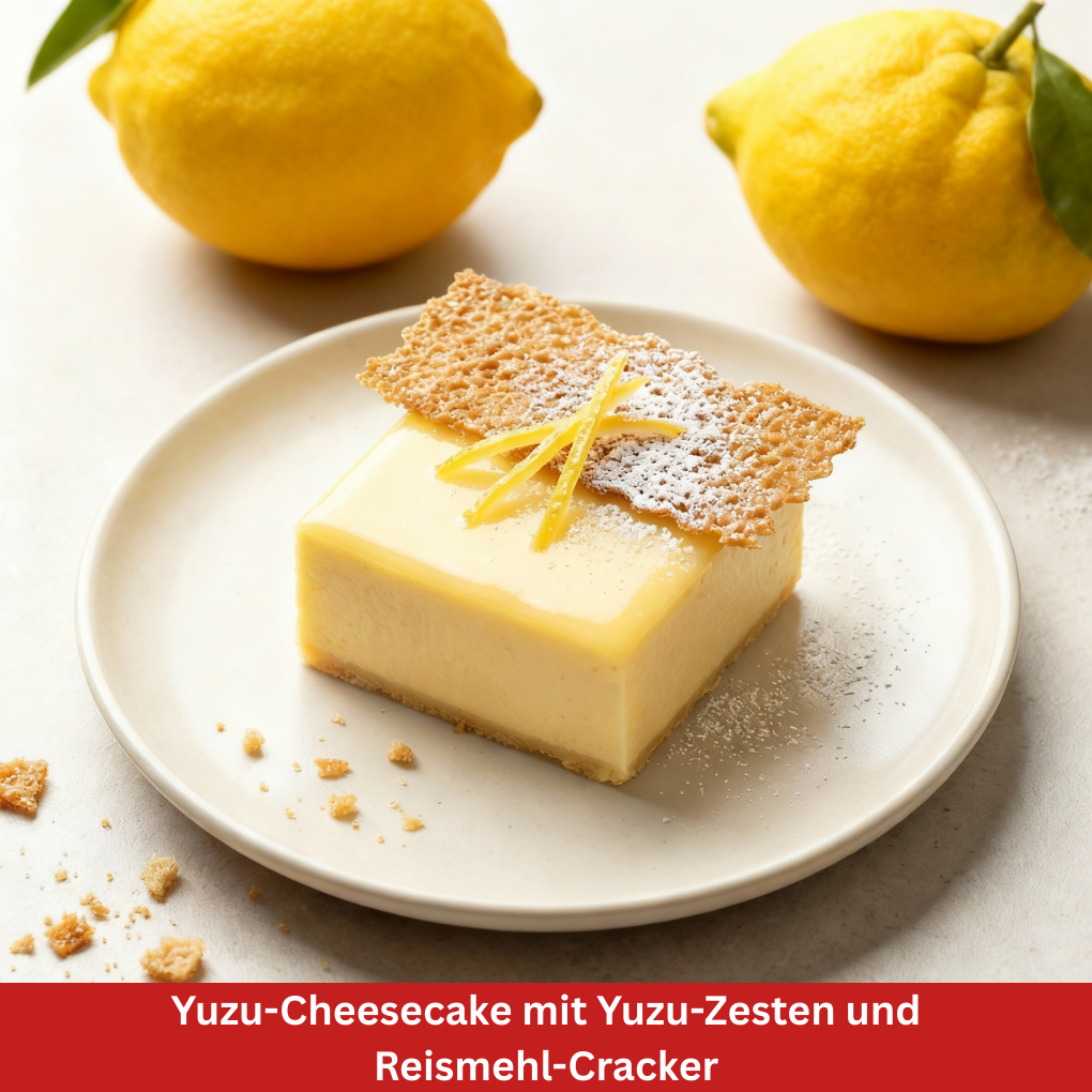Yuzu Cheesecake mit Yuzu-Zesten und Reismehl-Cracker Stillife