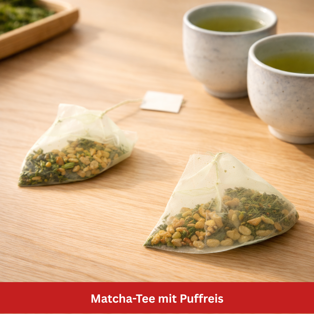 Matcha-Tee mit Puffreis Stillife